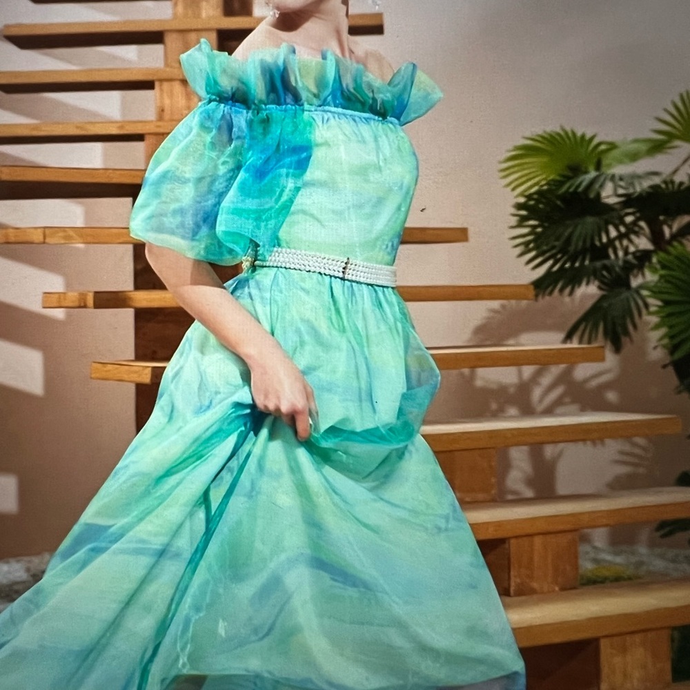 Blue and green organza midi dress